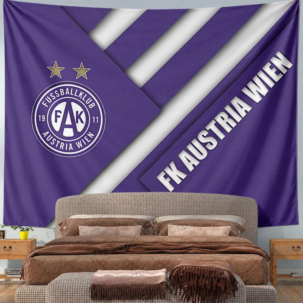 Diagonal purple geometric blocks with FK Austria Wien text and logo. Patterned tapestry for bedroom and living room home decor