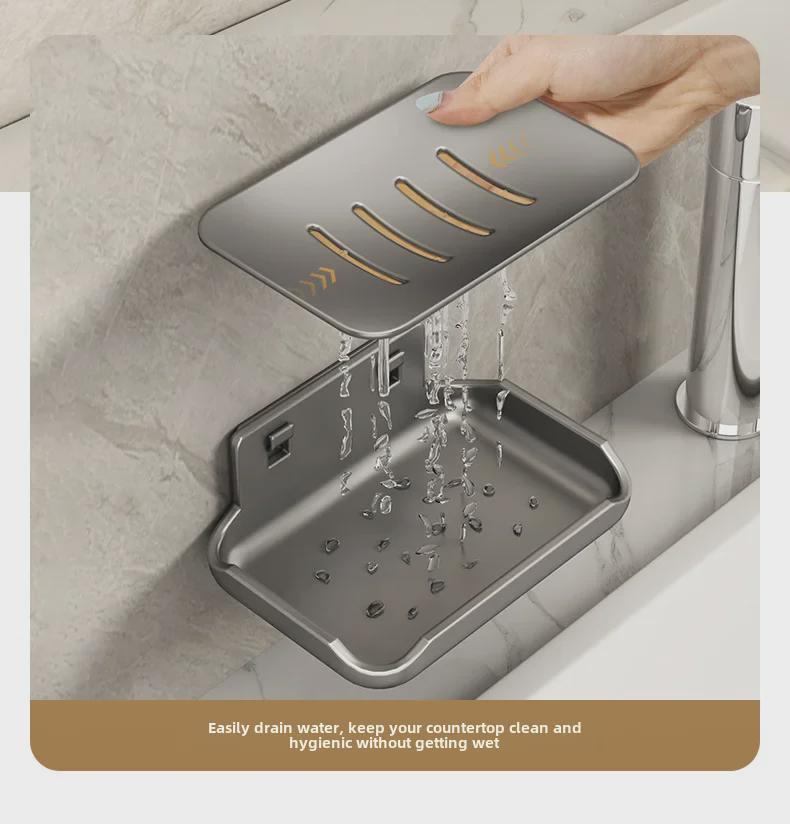 Punch-Free Wall-Mounted Soap Rack, Space-Saving Aluminum with Dual Drain Design