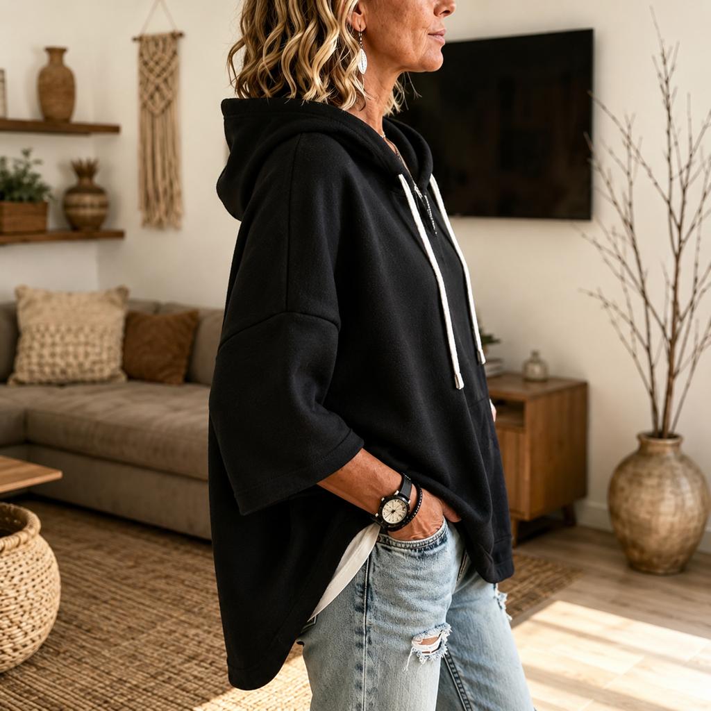 Women's Hooded Sleeve T-Shirt with Drawstring and Three-Quarter Sleeves