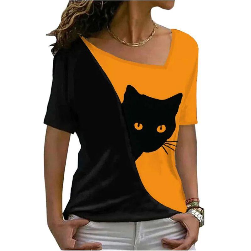 Diagonal Collar Black Cat Printed T-shirt Diagonal Collar Black Cat Print T-shirt
