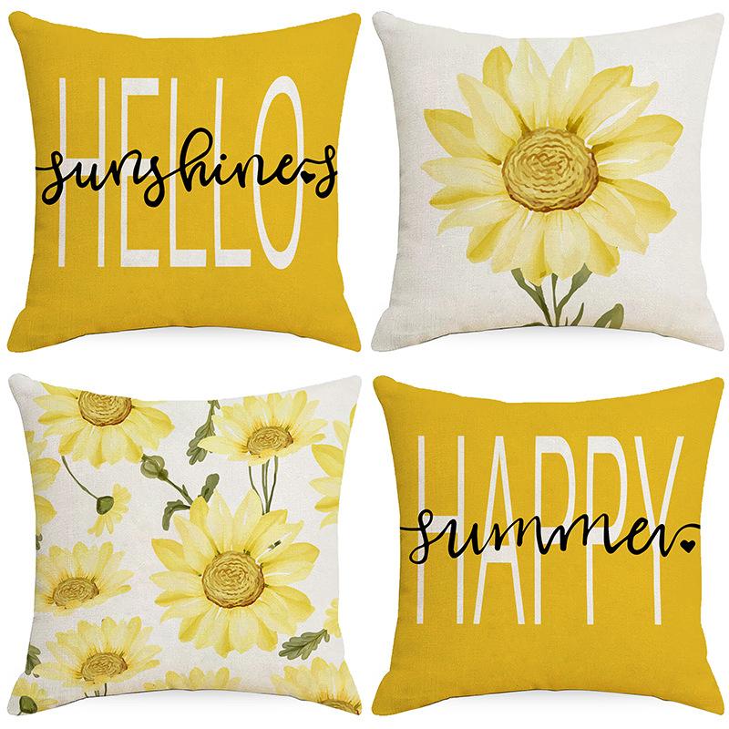 Spring and Summer Daisy Flowers Printed Linen Pillowcase Simple Gray Home Living Room Bedroom Decoration Pillowcase