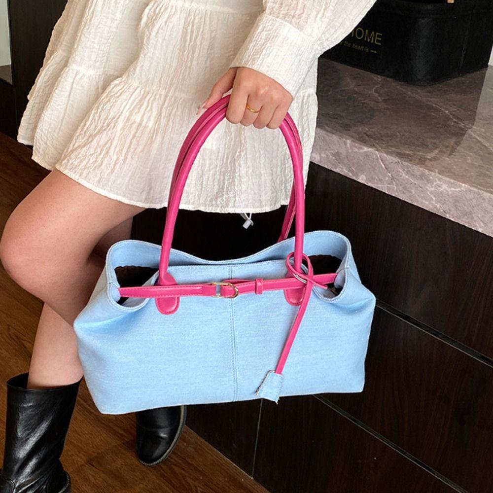 Patchwork Color Vintage Armpit Bag Hasp Closure Casual Tote Bag Denim Shoulder Bag Students