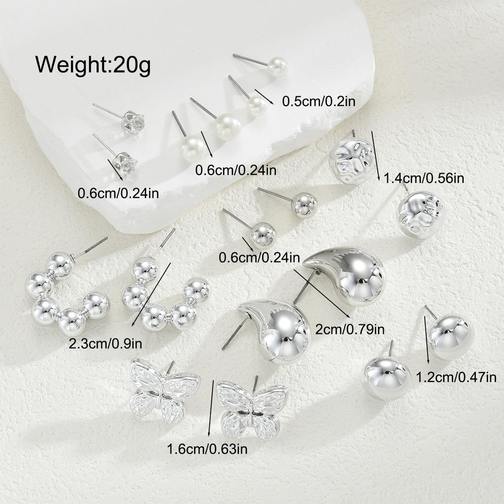 9 Pairs Bohemian Butterfly Earring Set for Women Silver Color Pearl Zircon Geometric Water Drop Earrings Daily Wear Jewelry Gift