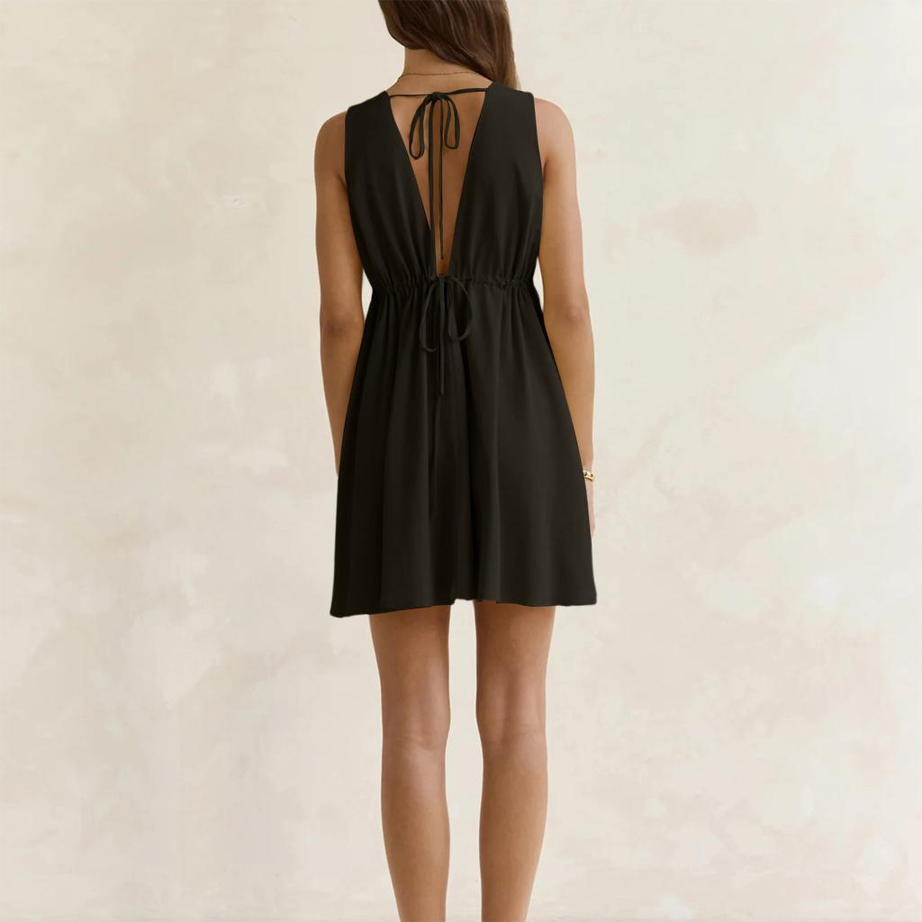 Women's Sleeveless Dress V Neck Waist Cinched Backless Tie Detail Casual Summer Mini Dress