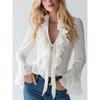 2026 Spring and Autumn New Elegant Women's Ruffled Solid Color V-neck Puff Sleeve Blouse