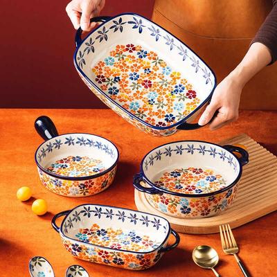 Creative Hand-painted Relief Handle Ceramic Baking Pan Bowl Cheese Baked Rice Tableware Binaural Oven