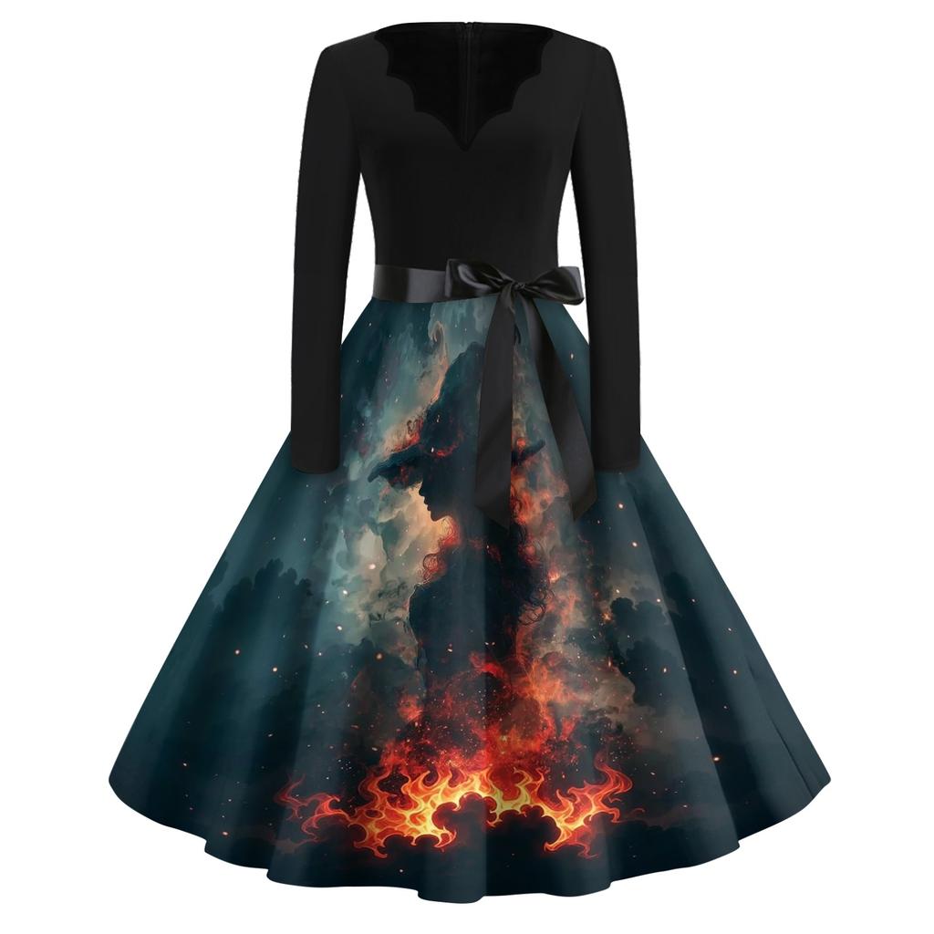 Women's Casual Vintage Halloween Dress V Neck Long Sleeve Retro Printed Swing Dress with Waist Tie Belt for Fall Seasonal Wear