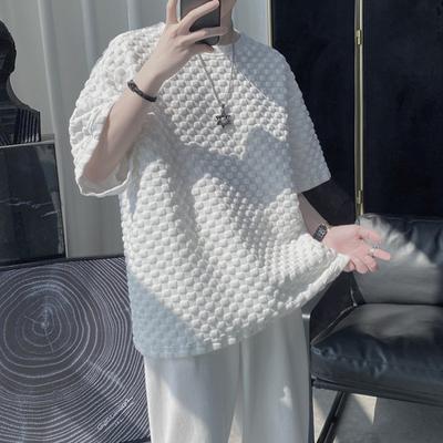O-Neck Short Sleeve 3D Waffle Men T-shirt Summer Solid Color Simple Tee Shirt Streetwear