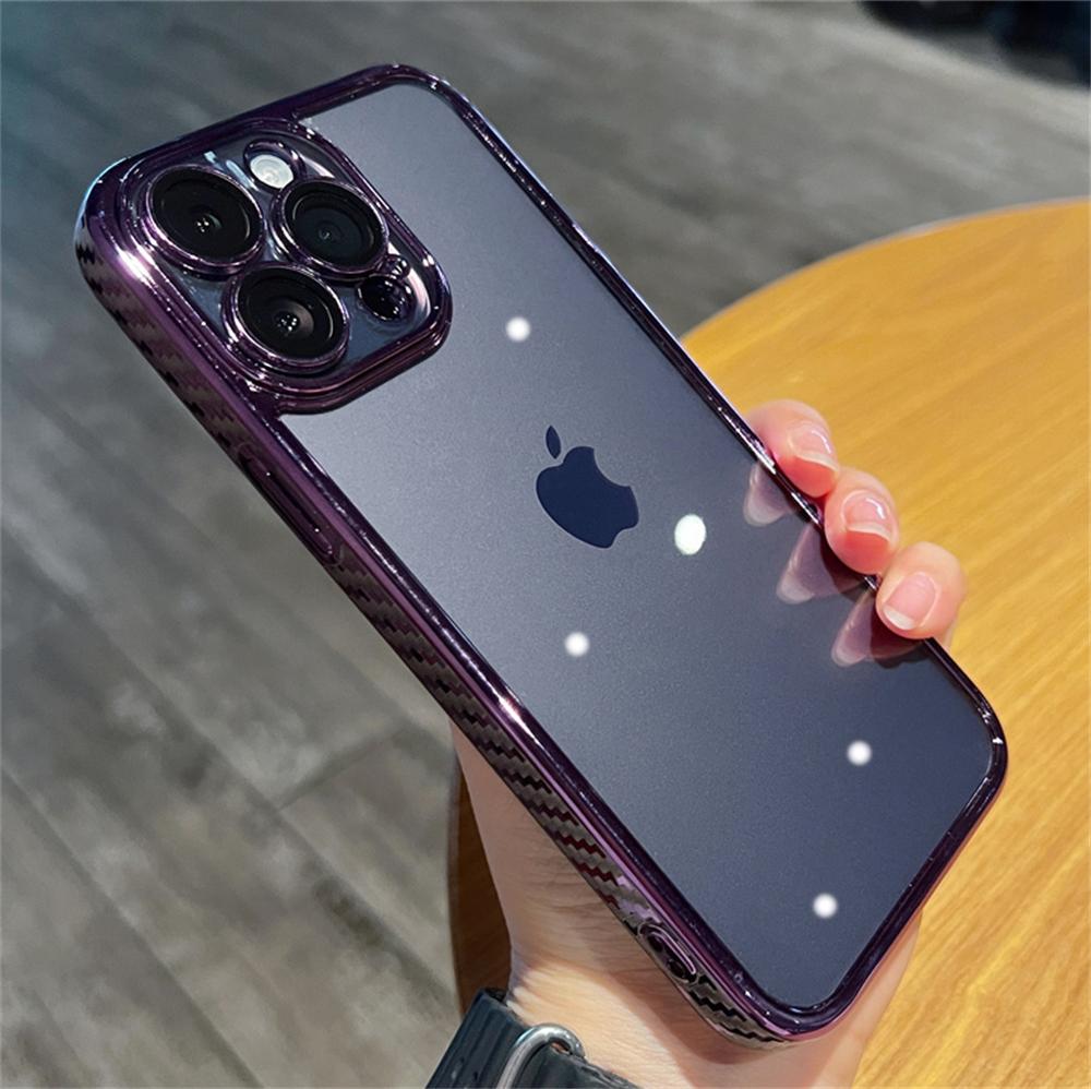 Carbon Fiber Frame Clear Phone Case For iPhone 15 14 13 12 11 Pro Max Plus Camera Lens Protection Shockproof Transparent Cover