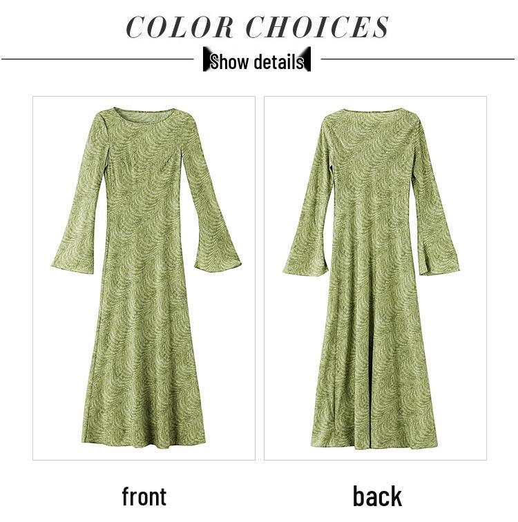 Green Field Slimming French Retro Bodycon Dress - Elegant Ribbed Long Sleeve