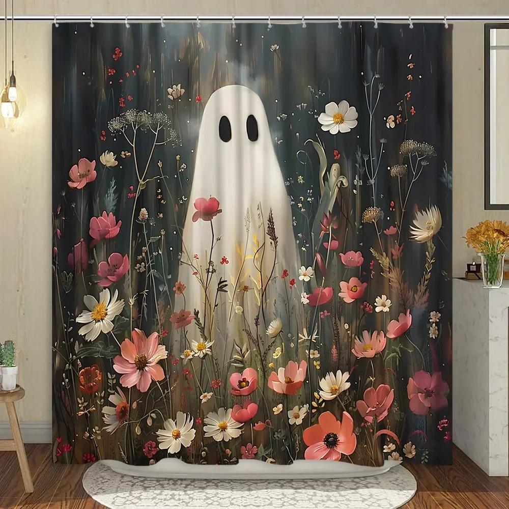 Cute Ghost Shower Curtain Cartoon Spooky Flower Plant Candle Watercolour Modern Home Polyester Fabric Bathroom Decor Curtain Set