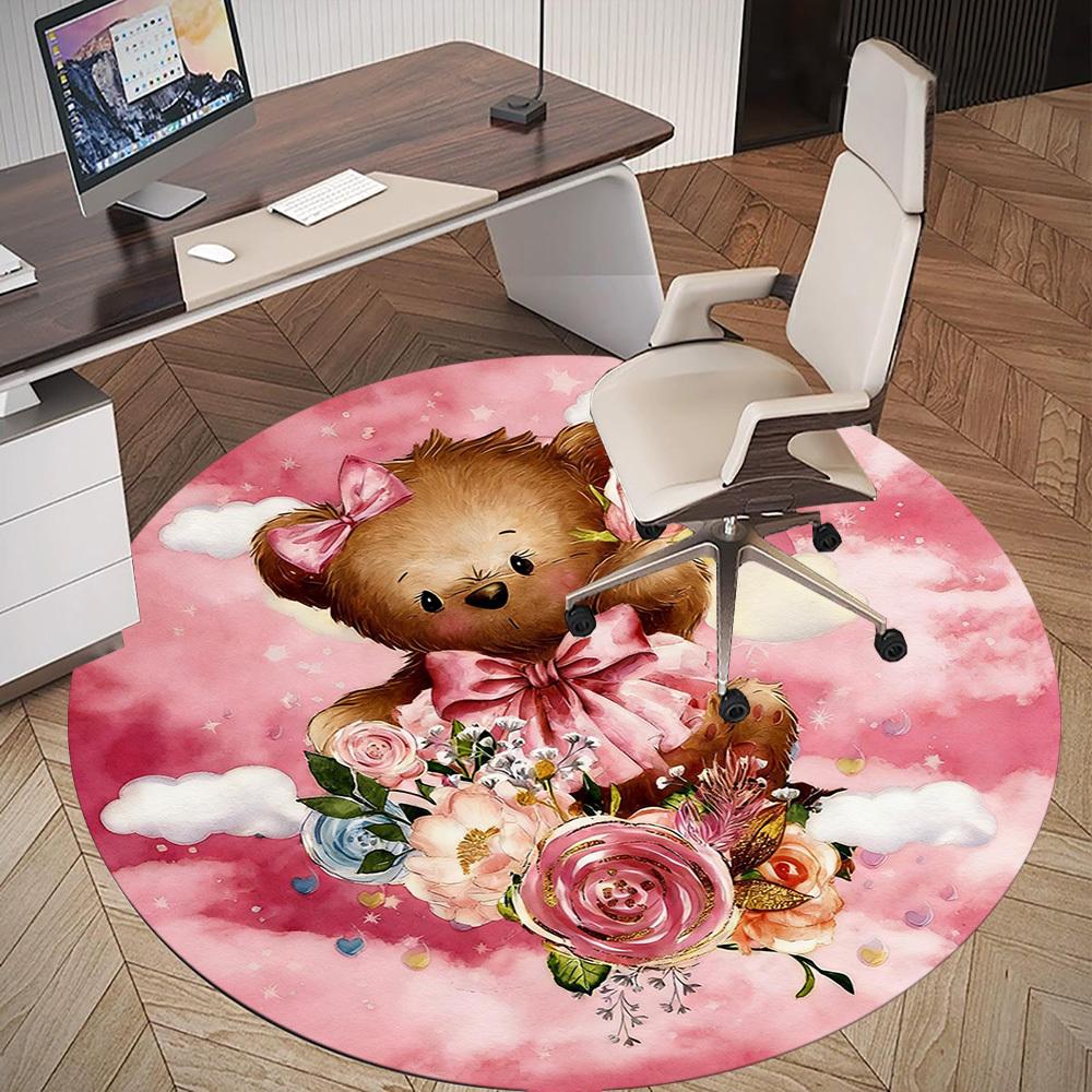1pc Bear Flowers Round Chair mat office Area Rug - Non-Slip, Floor Mat for Office, Bedroom, and Indoor Decor p127297