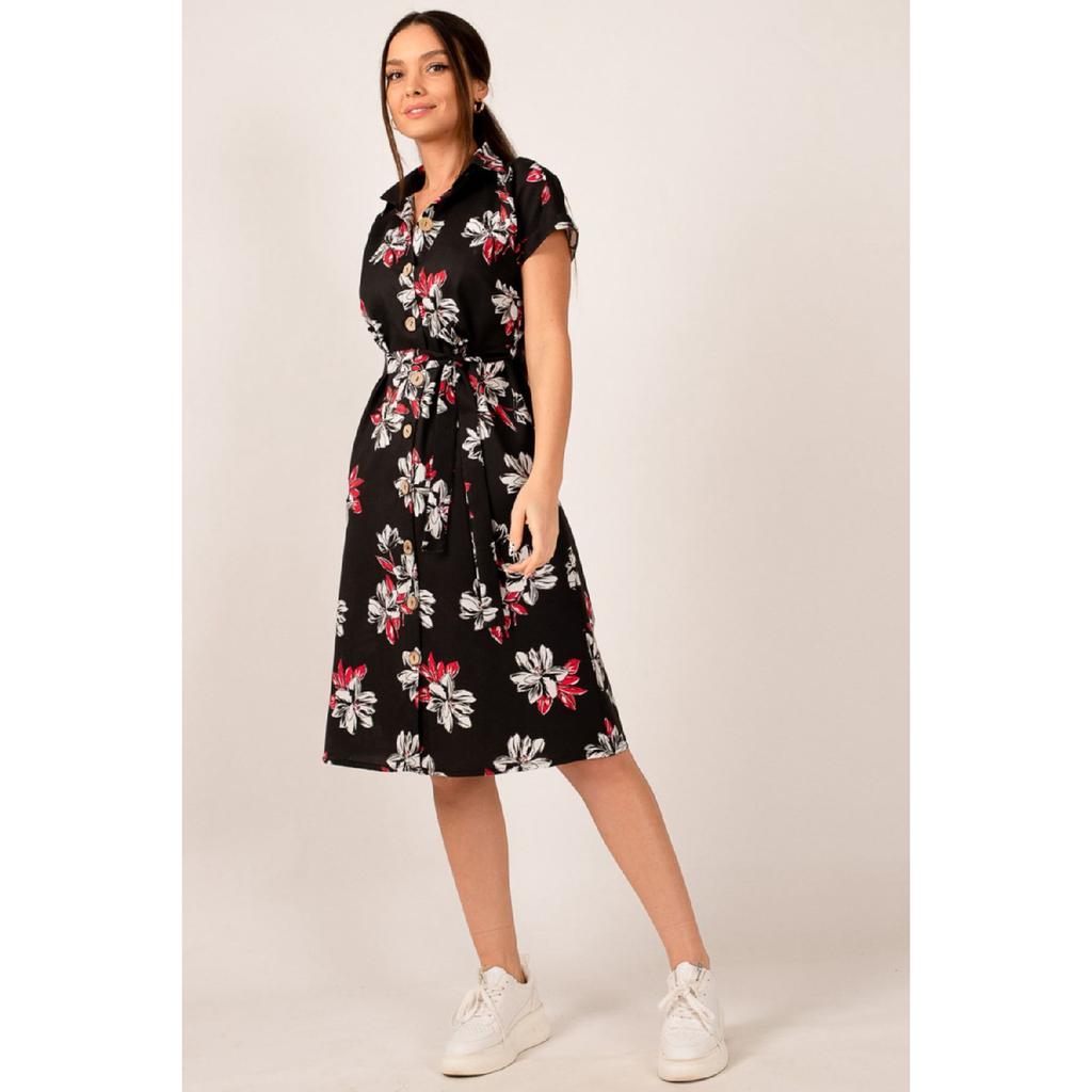 Women's Navy Blue Big Floral Belted Short Sleeve Shirt Dress Arm-22y001007