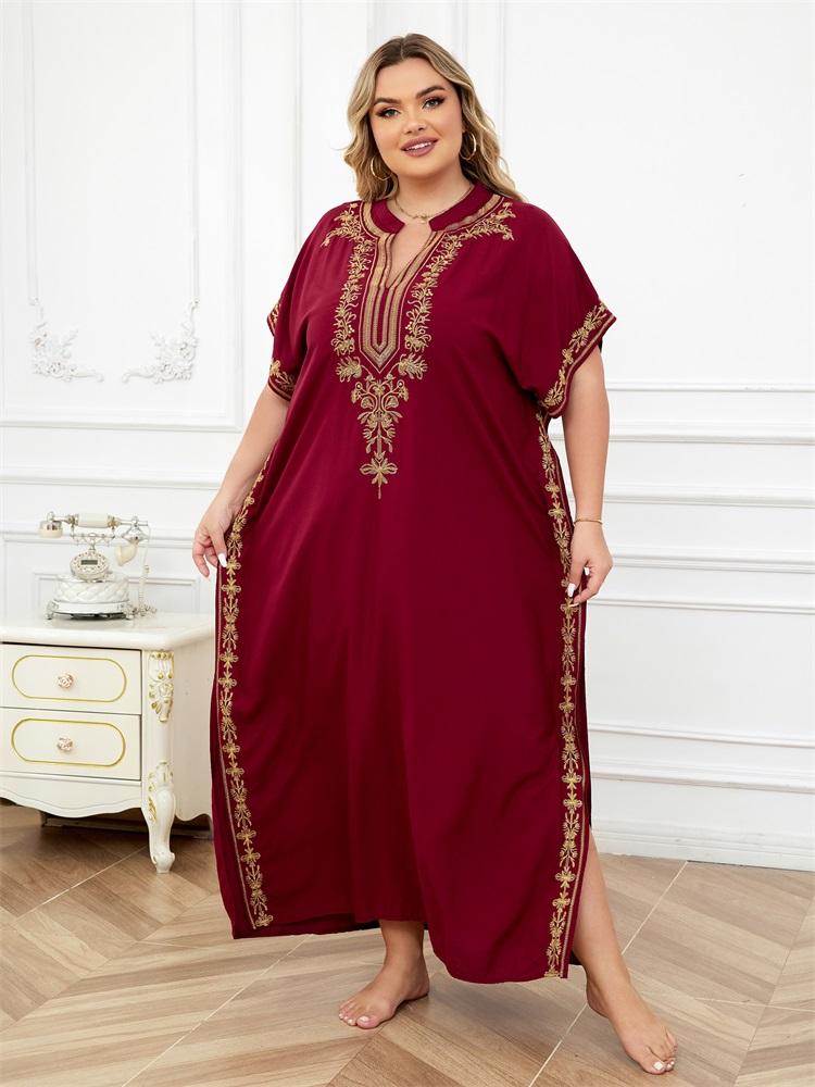 EDOLYNSA Embroidered Red Kaftan Women's Fashionable Robe Boho V-neck Batwing Sleeve Beach Maxi Dress Holiday Cozy House Robe