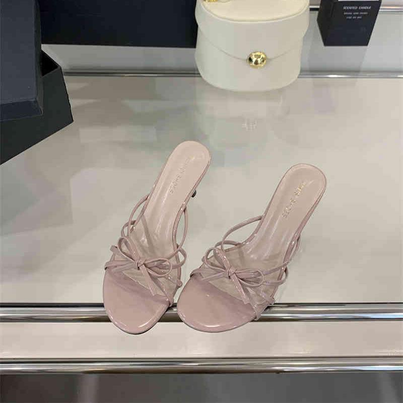 Summer Women Round Toe High Heel Slippers Fashion Butterfly-knot Dress Slide Ladies Evening Party Sandalias