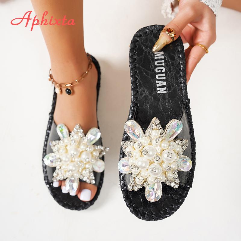 Aphixta New Gold Crystal Flower Slippers Women Summer Round Toe Shoes Outdoor Flat Heel Bling Slides Big Size43 Luxury Flip Flop
