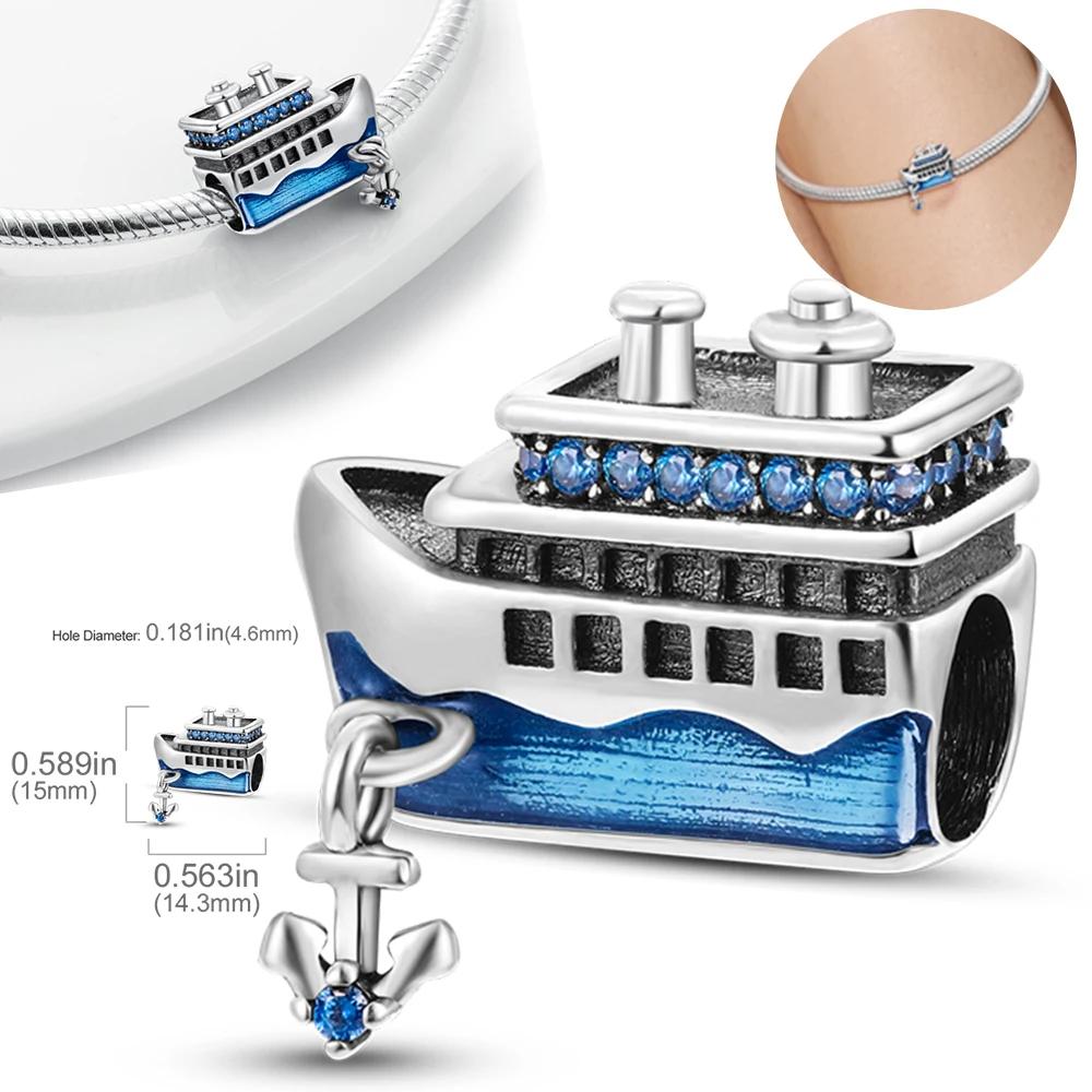 Blue Zircon Ship Charms Copper Plated Original Beads Fit Originalcharms Bracelet Jewelry Fine Gifts For Women