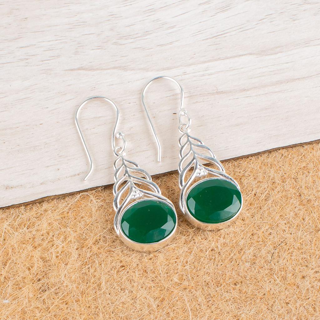 Green Onyx Gemstone 925 Sterling Silver Jewelry Drop/Dangle Women Earrings 1.64" CE-1-16