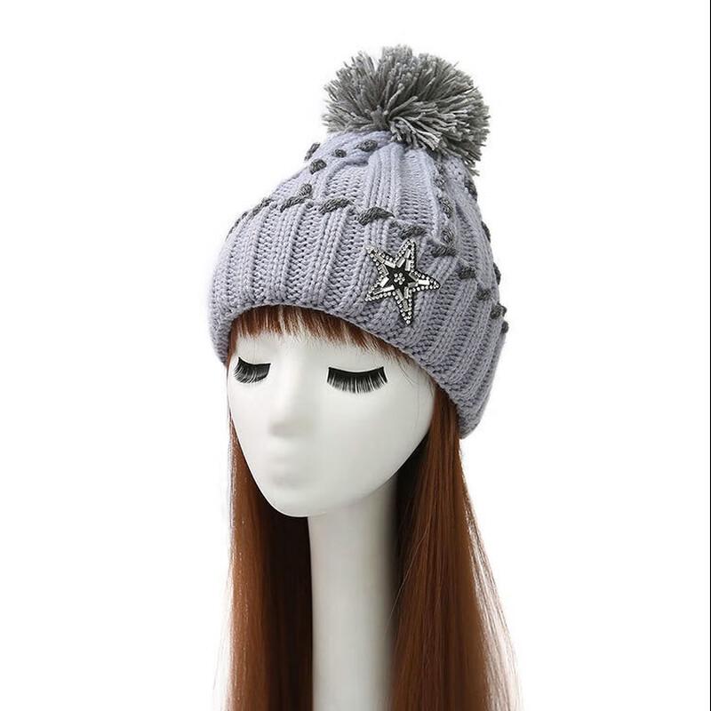 ZHENYUEQI Korean Style Diamond Five-Star Knitted Beanie Adjustable