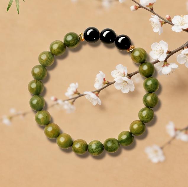 Green Sandalwood Bracelet with Black Obsidian & Red Agate Beads, Five Elements Wood Design for Men & Women, Cultural Plaything.