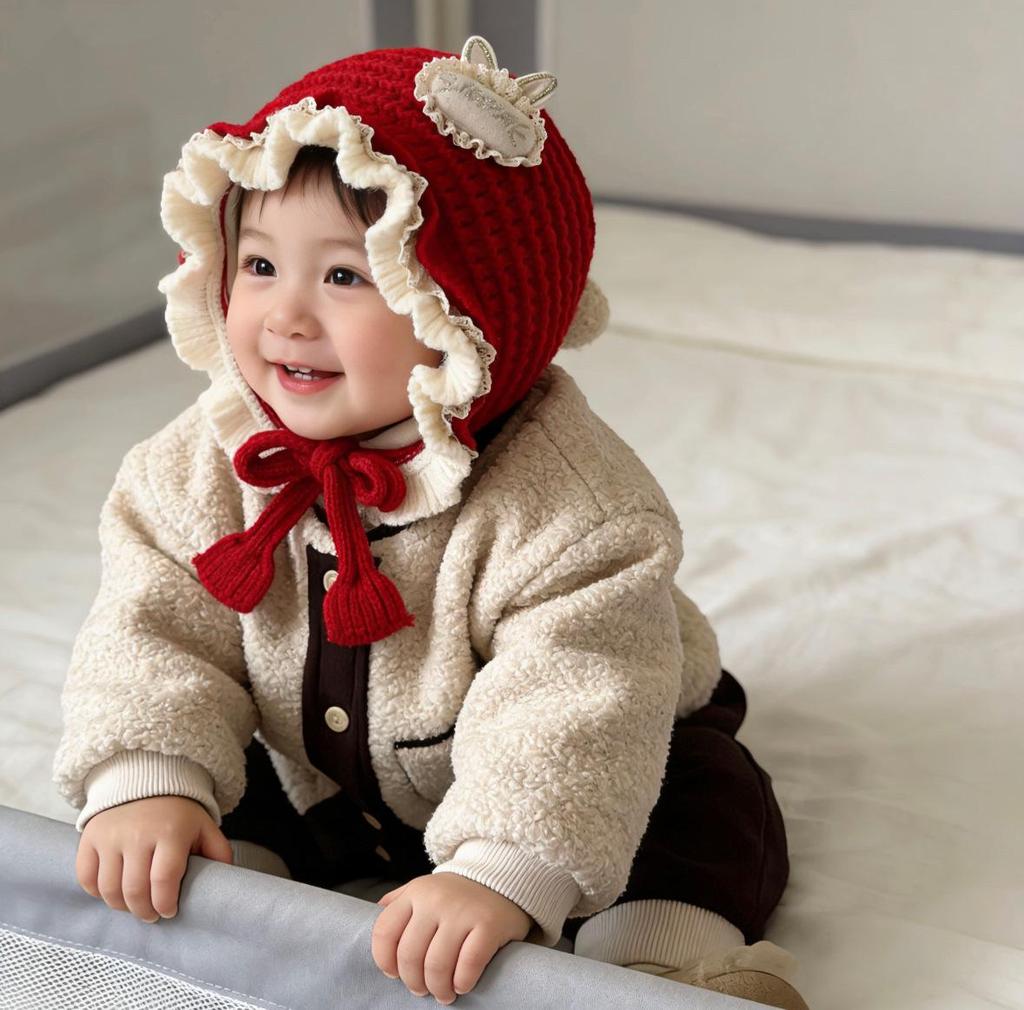 Festive Red Knit Baby Hat for Boys and Girls - Warm and Cozy for Autumn and Winter, Perfect for First Birthdays