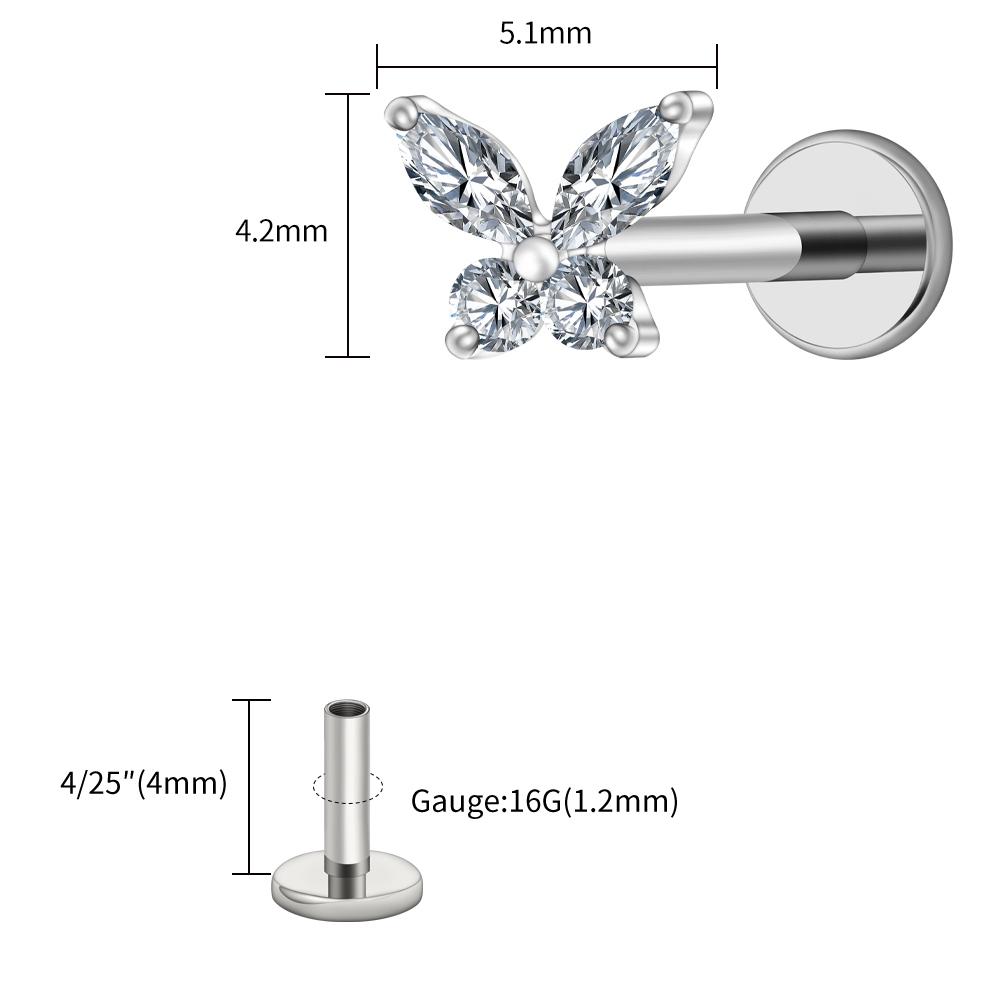 

Right Grand ASTM F136 Titanium 16G Mini Butterfly CZ Labret Tragus Cartilage Conch Forward Helix Stud Nose Piercing Body Jewelry
