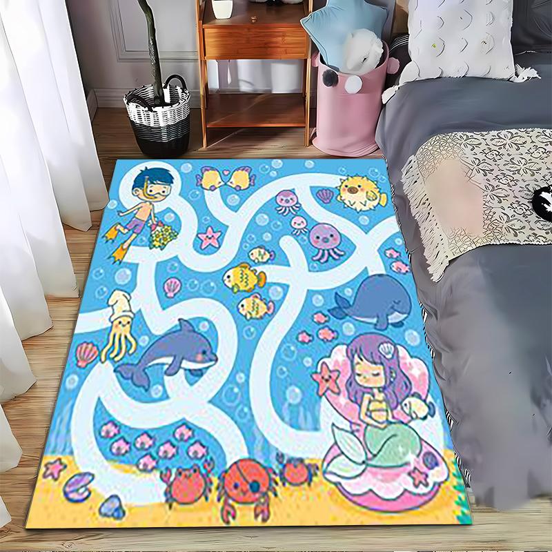Cute Ocean-Themed Carpet with Mermaid, Dolphin, Fish, and Sea Life Suitable for use as an anti-slip for living room bedroom sofas