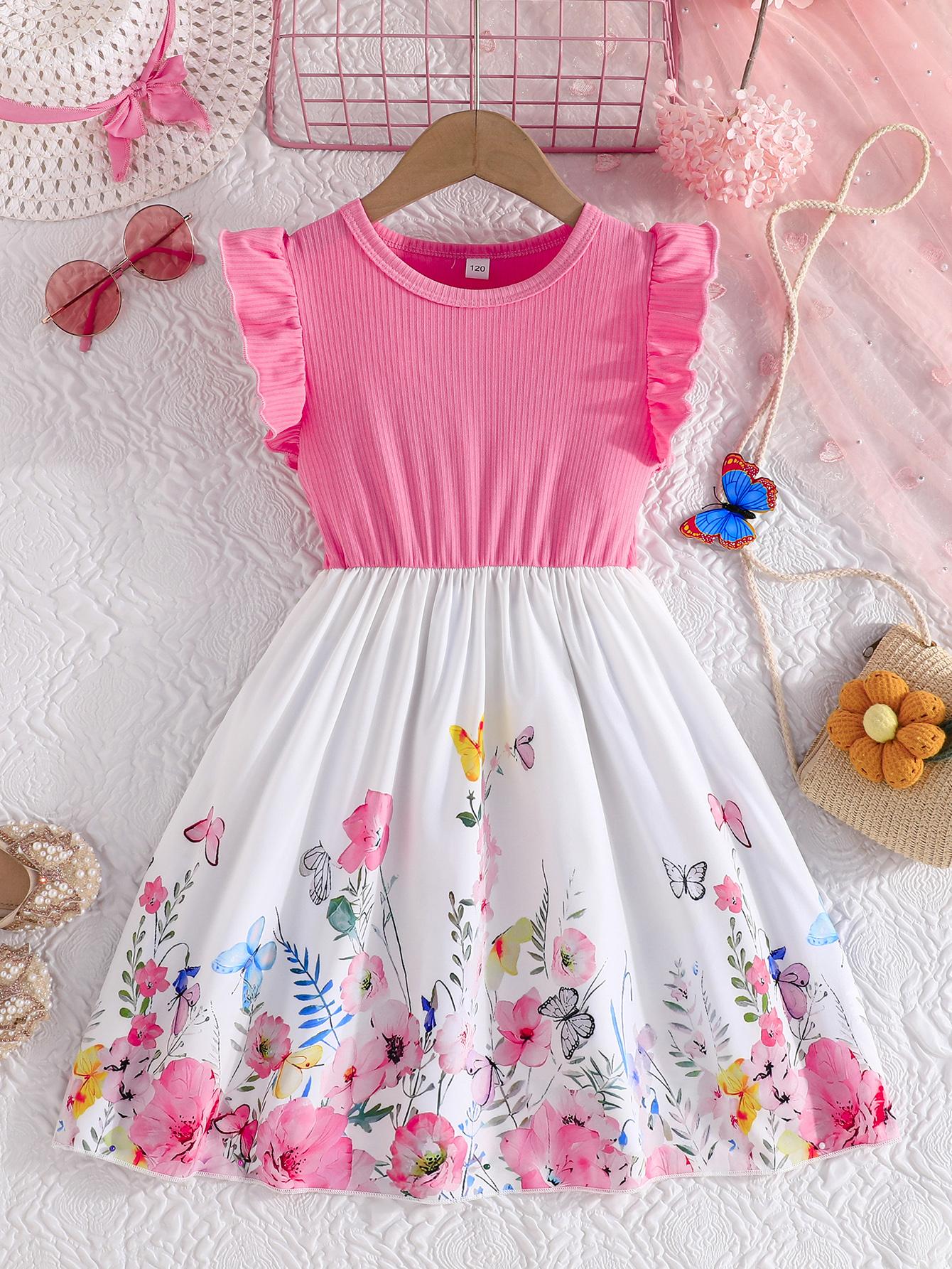 Kids Floral Butterfly Print Swing Dress, Ruffle Sleeve Ribbed Bodice for Girls 6Y грани розовый