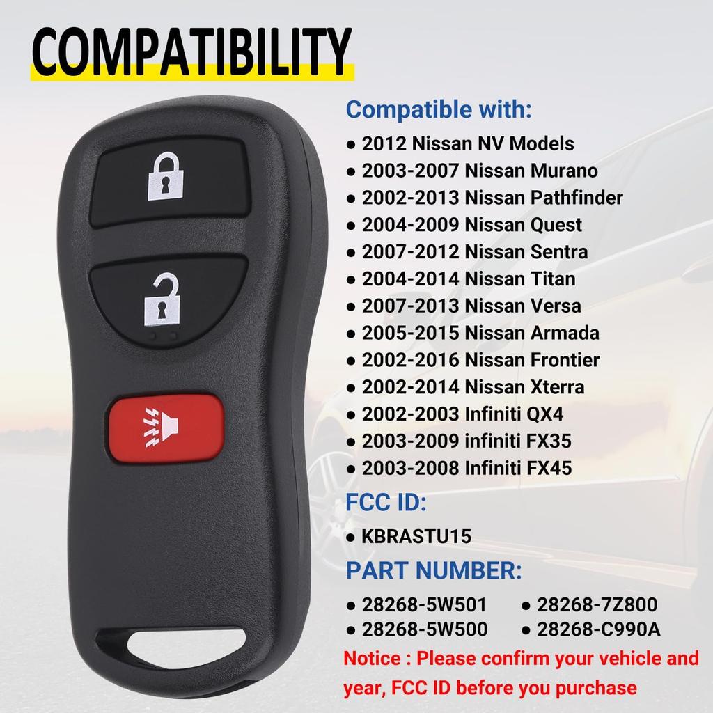 Keyless Entry Remote Key Fob Compatible with Infiniti FX35 FX45 QX4, Armada Pathfinder Frontier Murano Titan Quest Xterra Sentra, Replacement for