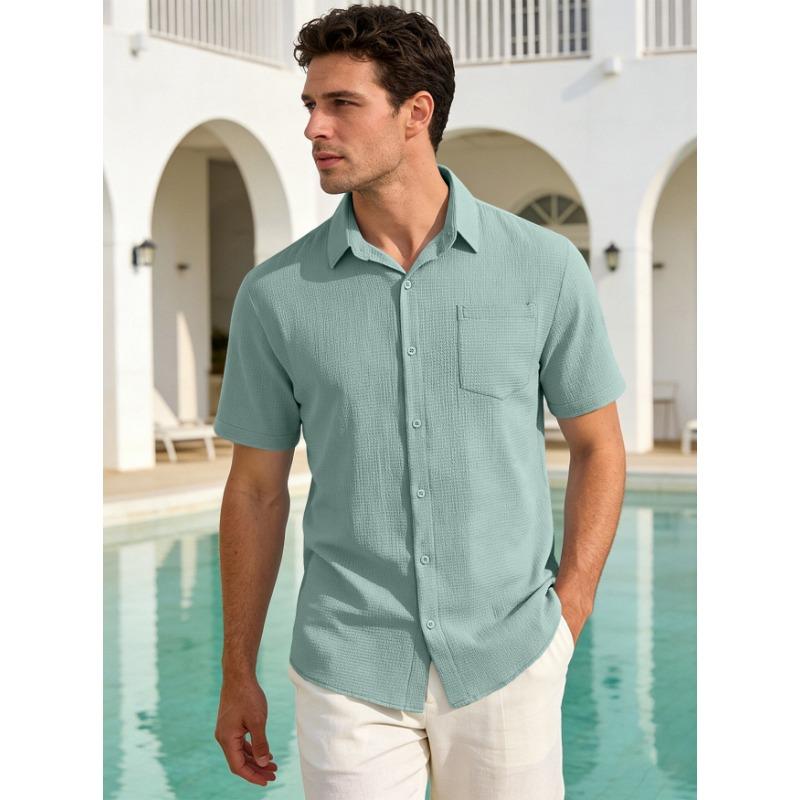 Mens Casual Textured Short Sleeve Button Down Shirt With Pocket S зелёный