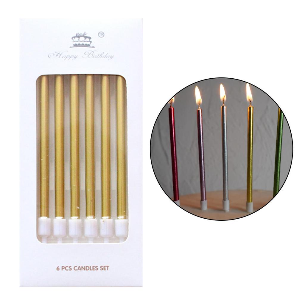 6 Pack Metallic Birthday Candles Cupcake Cake Toppers Thin for Wedding