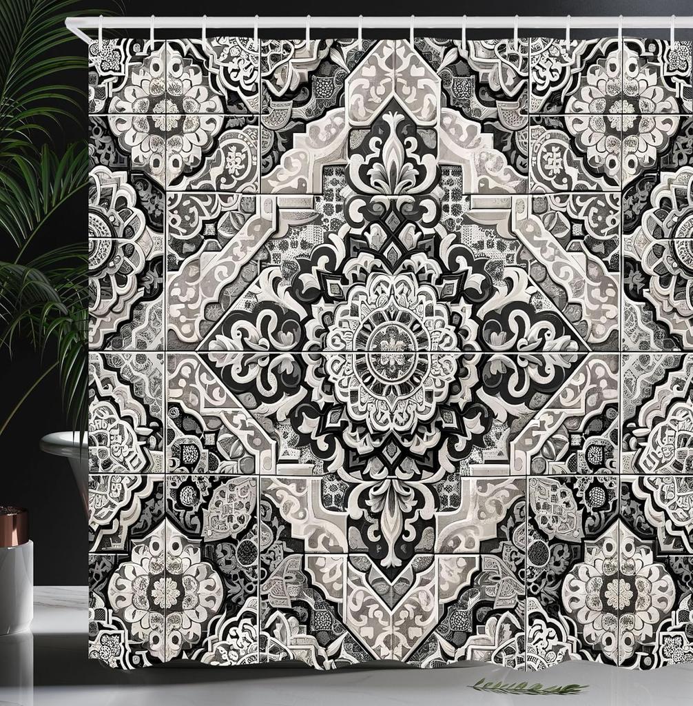 Coral and Blue-Brown Shower Curtain Tribal Mandala Geometric Gradient Fabric Bathroom Decorative Shower Curtain with Hooks