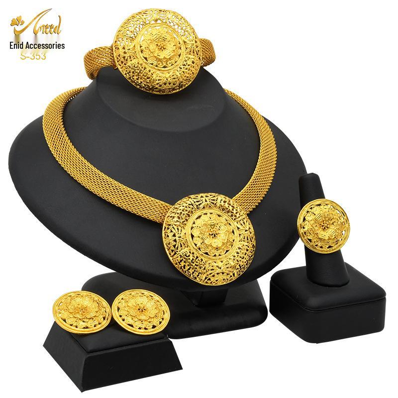 24K Dubai Gold Bridal Jewelry Set: Necklace, Bracelet, Earrings, Ring for African Women
