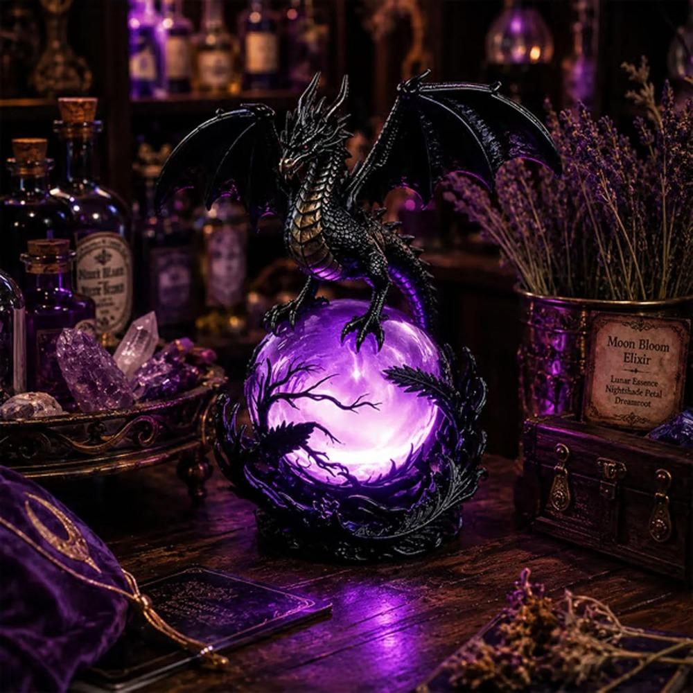 Gothic Dragon LED Crystal Ball Lamp for Dark Aesthetic Decor, Fantasy Resin Dragon Night Light, Witchy Table Lamp, USB Powered Mystic Orb Light