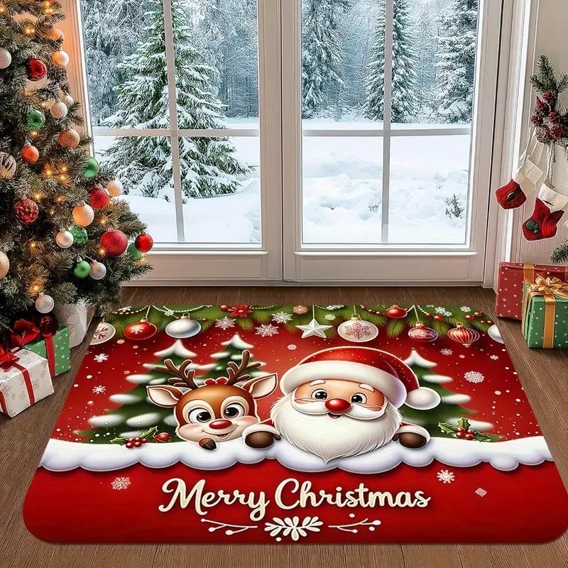 Christmas Santa Sleigh Carpet Rug "Merry Christmas" Mat Holly Berries Bell Decoration Mat for Home Decoration Festive Floor Rug