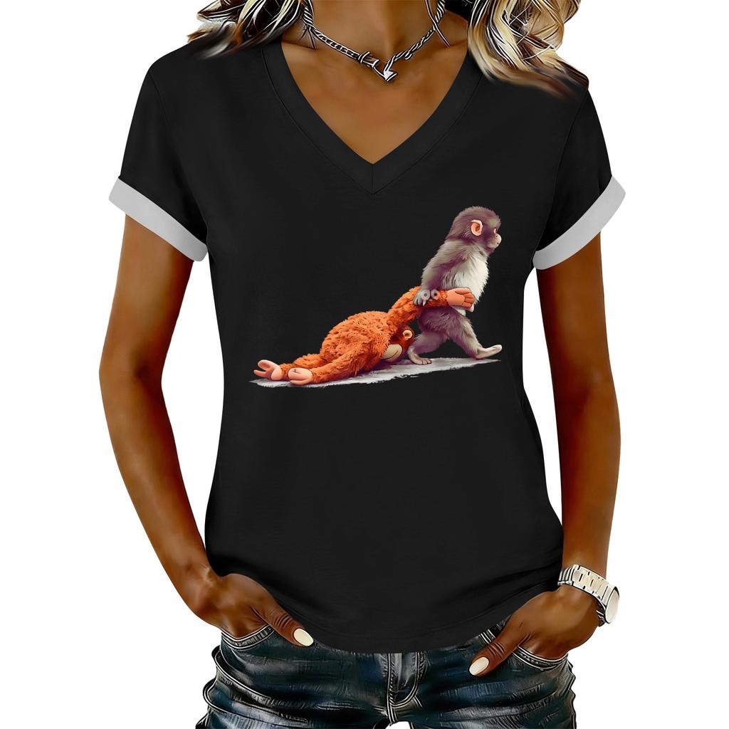 Women's Casual Printed T-Shirt V Neck Pullover Short Sleeve Top