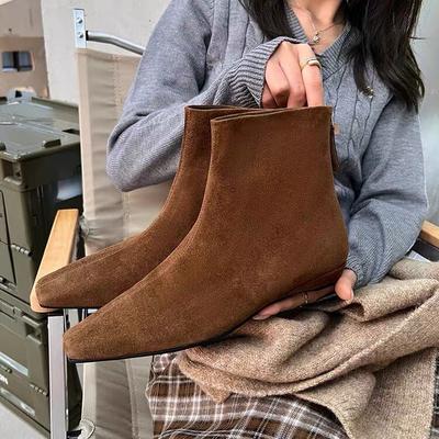 Botas finas de cuero mate versión coreana botines mujer 2025 nuevo otoño e invierno con cremallera trasera suela plana cabeza cuadrada pequeña botines