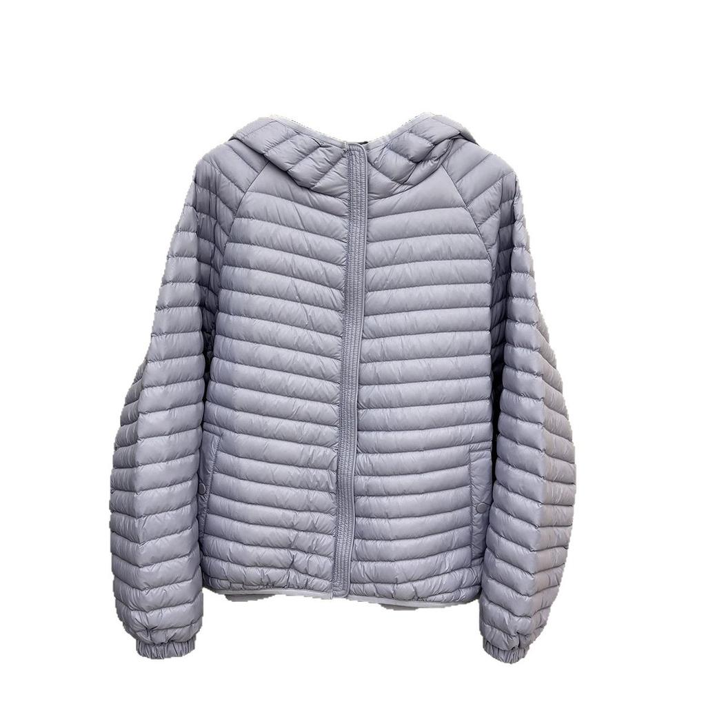 Autumn and Winter Fashion Loose Strip Quilting Line Ribs Strip Light White Duck Down Jacket Women's Hooded Style Tide
