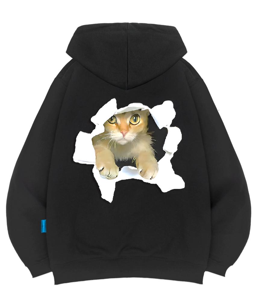 Fleece-Lined H-Neck Cat In The Hole Hoodie Unisex Big Sizes M~4Xl