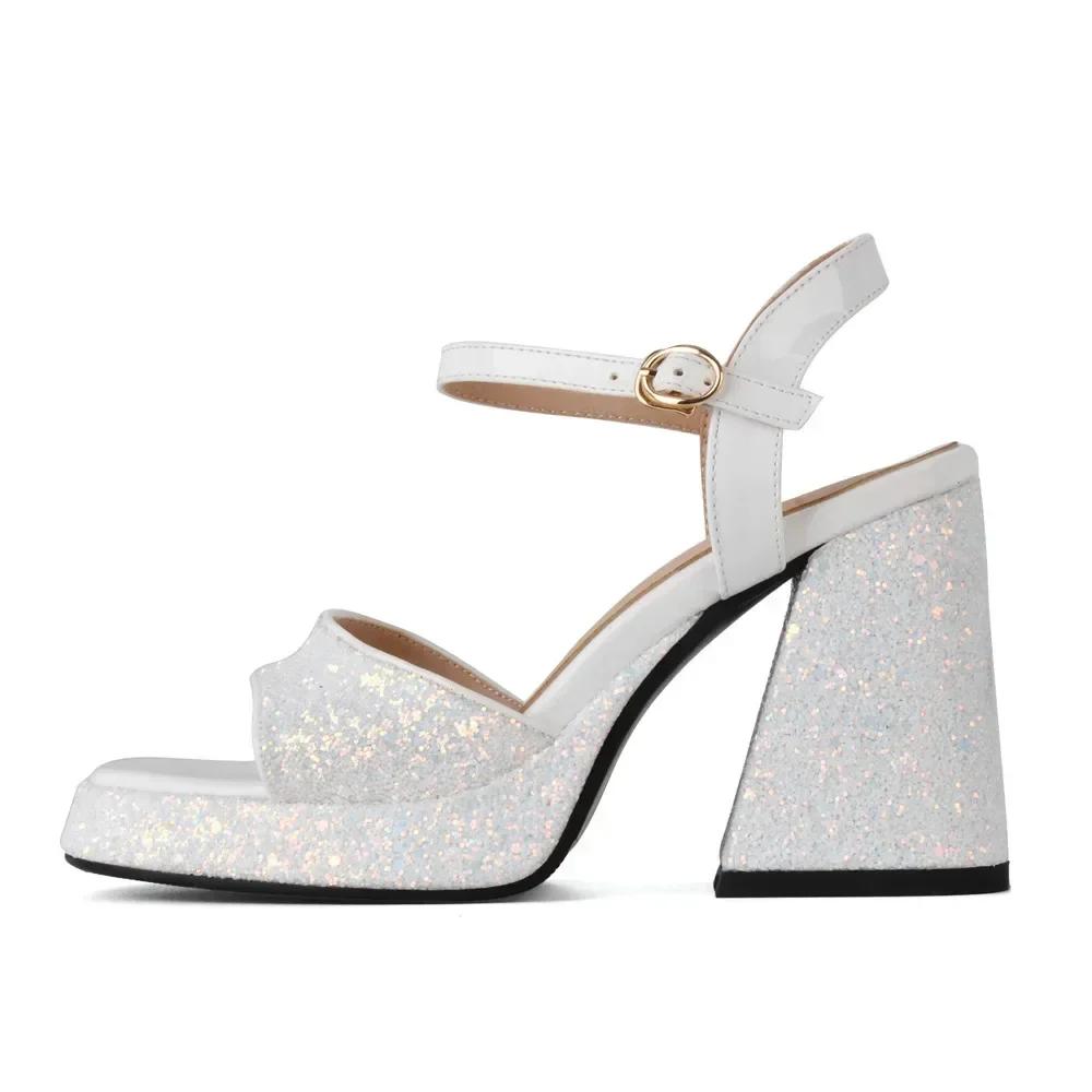 

Women Shiny Sequin Platform Sandals Silver Gold Party Shoes Summer Heels Chunky Heel Peep Toe Sequined Ladies Slides Sandalias 33 білий