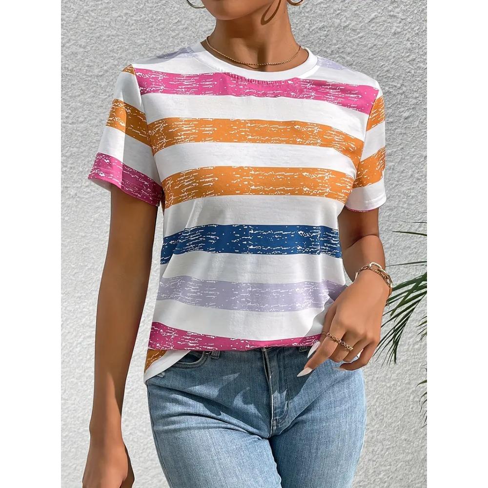 Summer Vintage Women's T-Shirt Short Sleeve Line Print Caual Crew-Neck Pullover Fashion Streetshirt Female Oversized Clothing