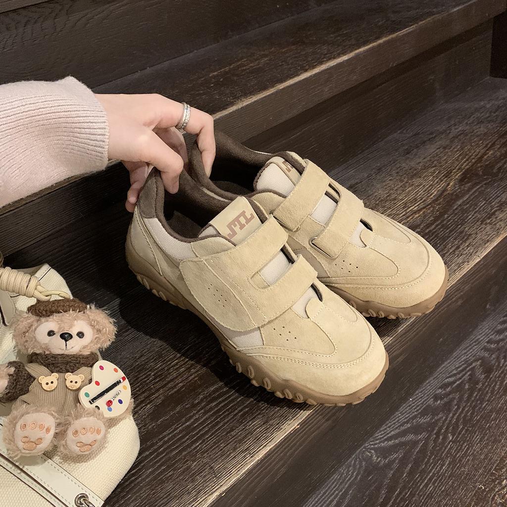 Cowhide version grape mother round head double Velcro casual shoes leather inner height increase lazy German training shoes women's Forrest Gump shoes