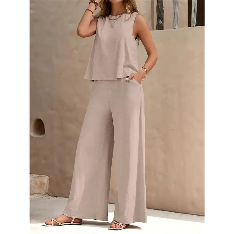  Women's Elegant Solid Color Matching Set Sleeveless Blouse And Wide Leg Pants
