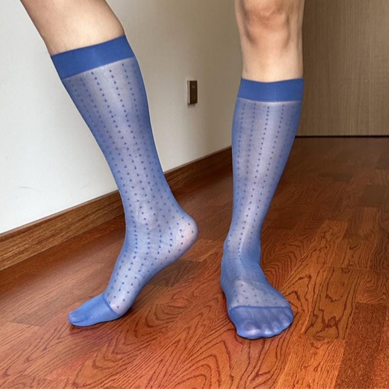 Men's Fashionable Sheer Over the Calf Long Socks Breathable See Through Dot Pattern Dress Suit Socks for Business Wear