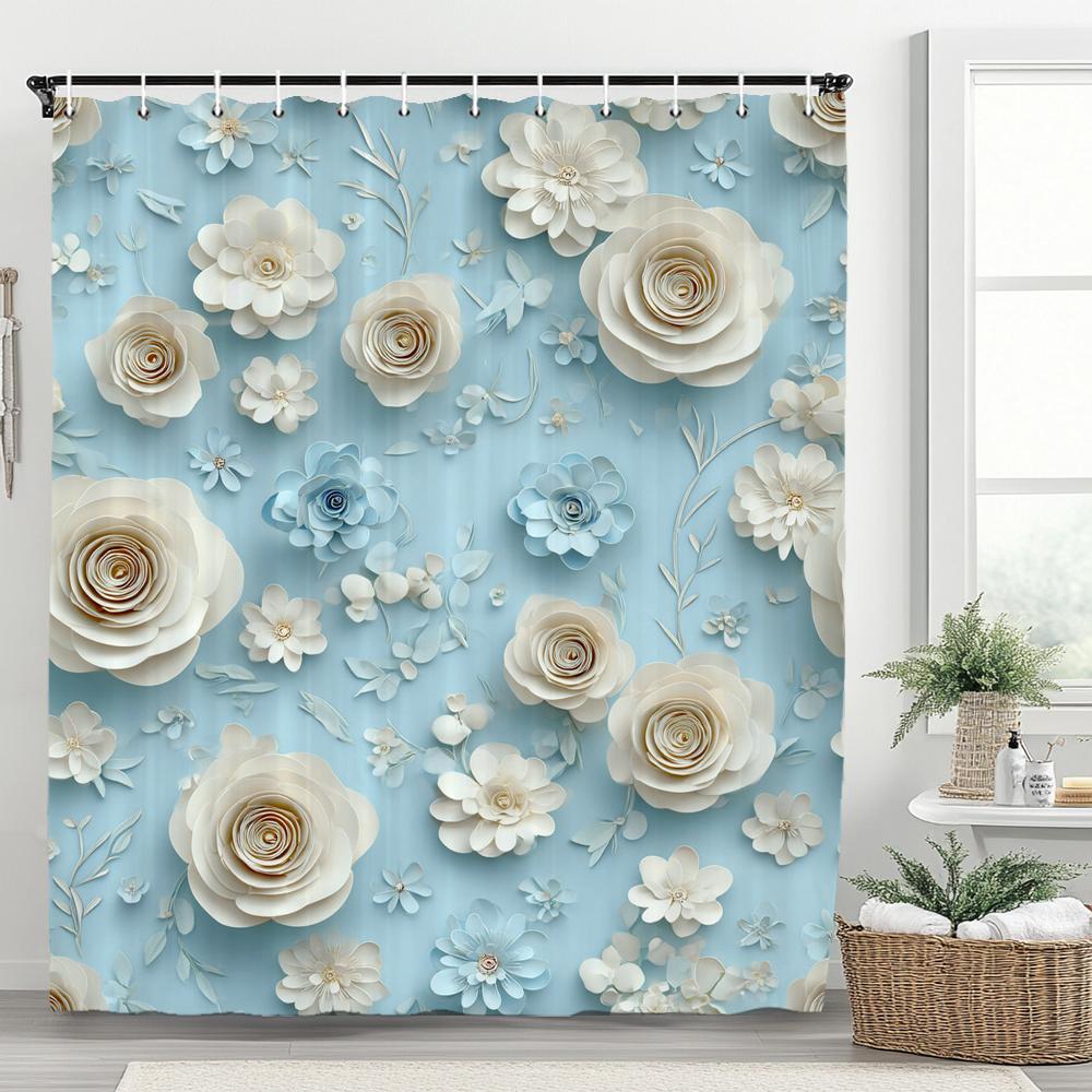 Light Relief Oil Painting Texture White Small Flower Shower Curtain, Bathroom Decorative Shower Curtain,Home Curtain With Hooks W60H190(CM)-1 Pcs