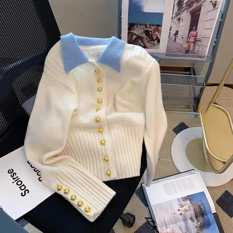 

Жіночі в язані кардигани з відкладним коміром Солодкі светри Корейський шик Однобортні топи в стилі печворк Весна-осінь Джемпер One Size білий