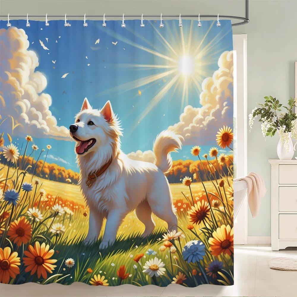 Floral Summer Shower Curtain Cat and Dog Animals Fabric Shower Curtains for Rustic Bathroom Decor Spring Plant Shower Curtain