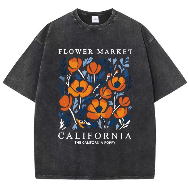Flowers Market California Prints Washed TShirts Womens Cottontops Comfortable ONeck Oversize T Shirts Fashion Womans Clothes