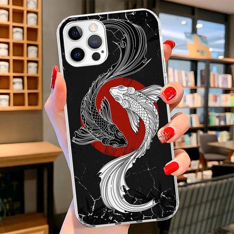 Japan Koi Fish Yin Yang Art Cover Phone Case For iPhone 16 17 Air 15 14 Pro Max 16E Phone Case 13 Mini 12 11 7 SE 8 Print Patter