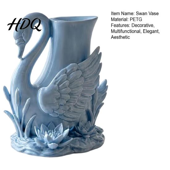 Decorative Water Plant Carving 3D Printed Swan Vase with Lotus Relief Elegant Flower Vase Desktop Romantic Bedroom Accessories Organizer for Living